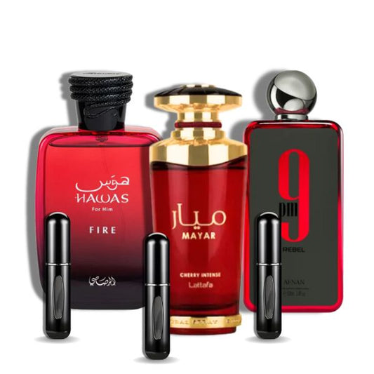Hawas Fire | Mayar Cherry | 9 Pm Rebel  EDP 3.4oz set de 6 Pzas