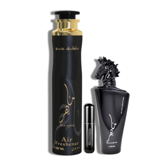 Maahir Black Edition + Air Freshener Lataffa EDP 3.4oz Set 3 pzas