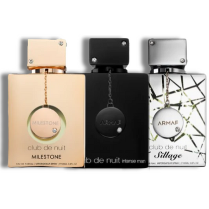 Mini Club de Nuit Intense Man| Sillage| Milestone Armaf EDP 1.0oz Set 3 pzas c/Refillable travel spray