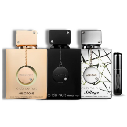Mini Club de Nuit Intense Man| Sillage| Milestone Armaf EDP 1.0oz Set 3 pzas c/Refillable travel spray