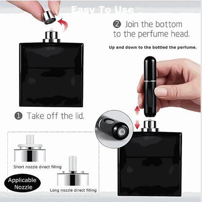 His Confession Lattafa EDP with refillable travel spray, 3.4oz, modern masculine fragrance packaging with usage instructions.