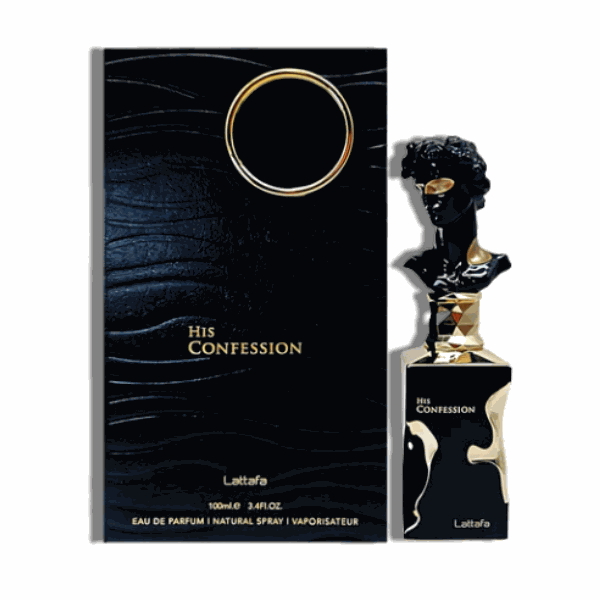 Lattafa His Confession EDP with refillable travel spray, 3.4 oz bottle, sophisticated men's fragrance.