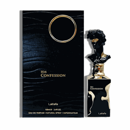 Lattafa His Confession EDP with refillable travel spray, 3.4 oz bottle, sophisticated men's fragrance.