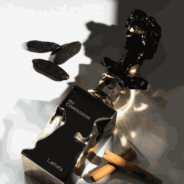 His Confession Lattafa EDP perfume bottle with refillable travel spray, featuring woody, cinnamon, and amber notes.